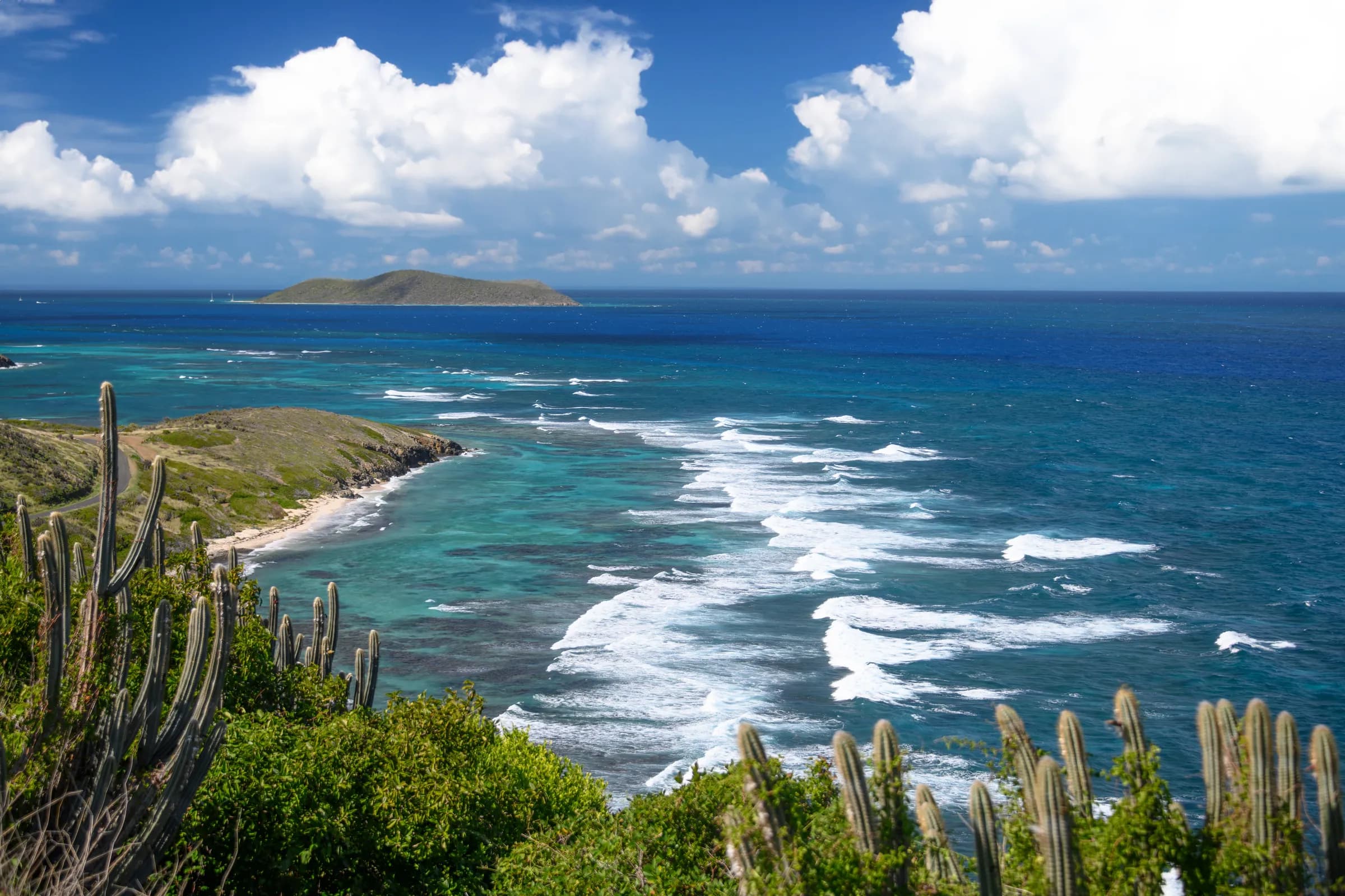 Blue water and coastal hills seen from Point Udall on St. Croix