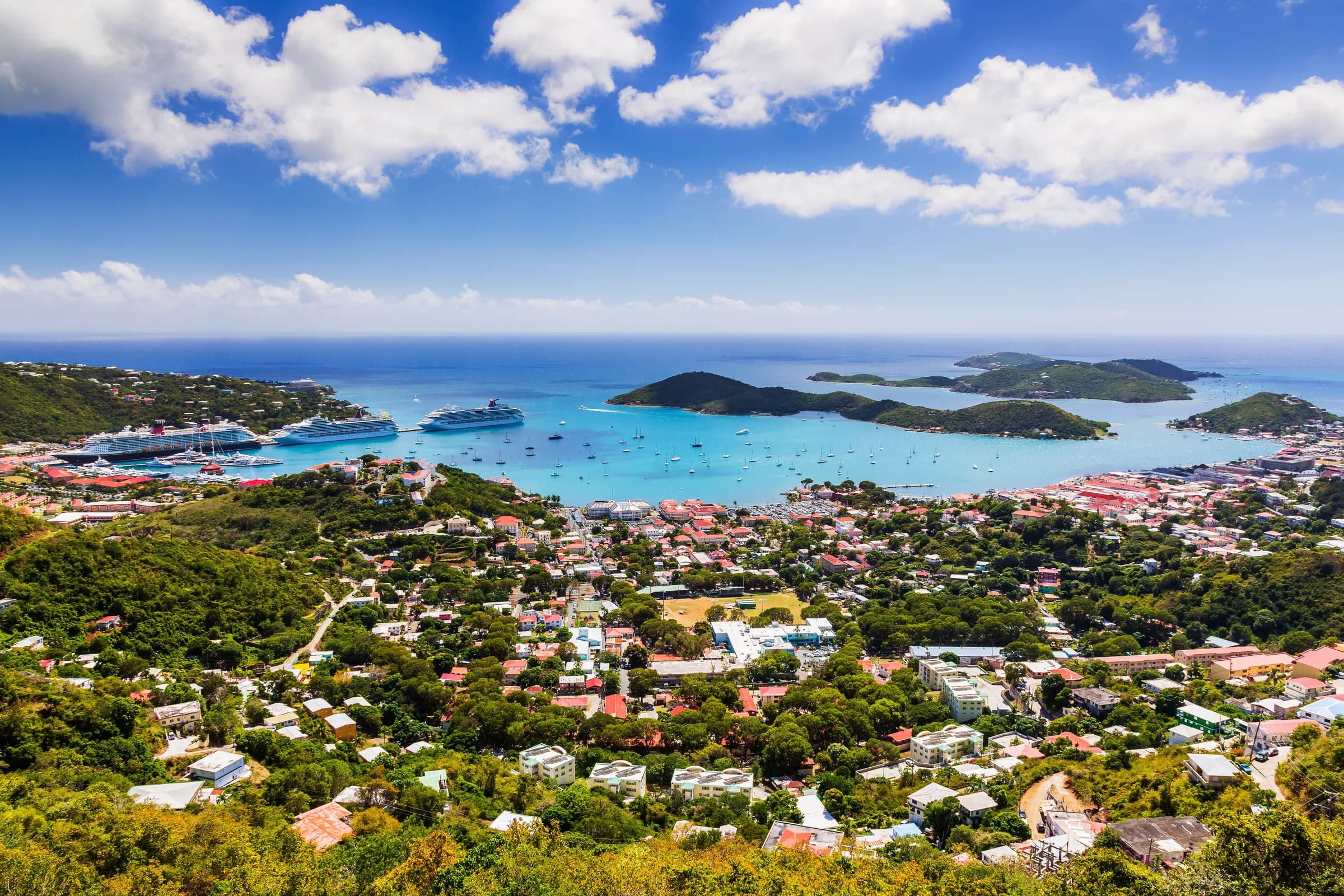Charlotte Amalie harbor and green hillsides on St. Thomas